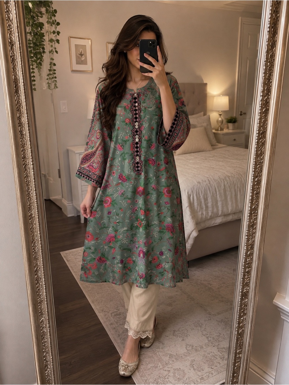 Embroidered Green Floral Tunic with Patterned Sleeves with cream colour pants